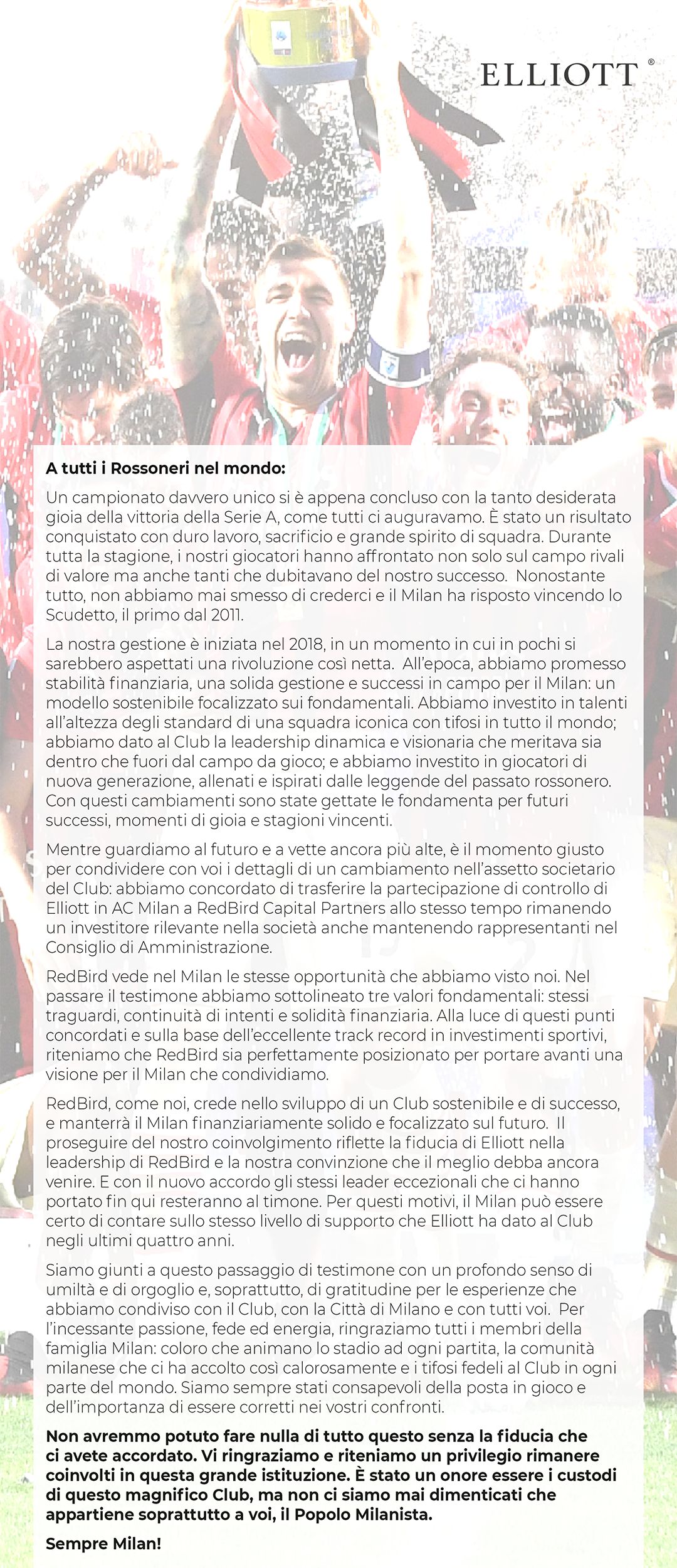 Lettera Elliott Milan