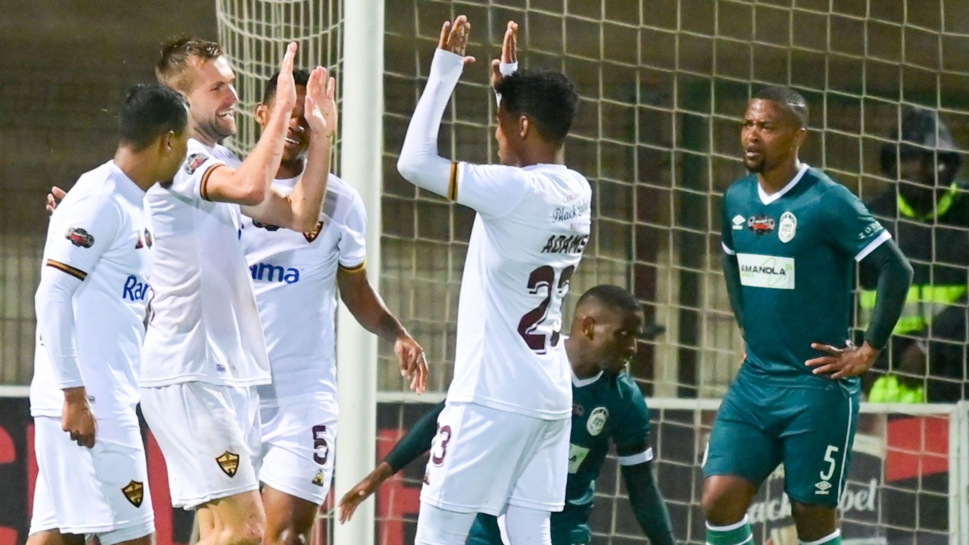 Andre De Jong celebrates with his Stellenbosch teammates, October 2024