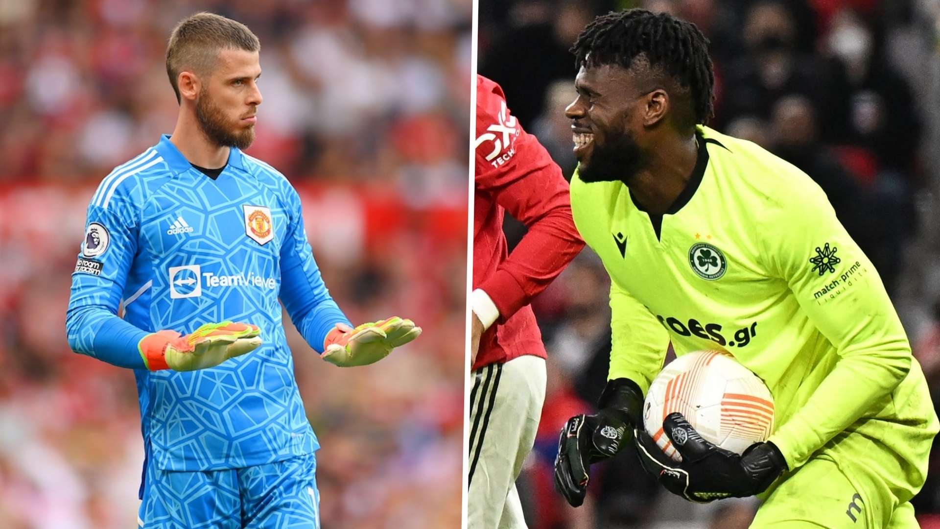 David de Gea and Francis Uzoho of Manchester United and Omonia.