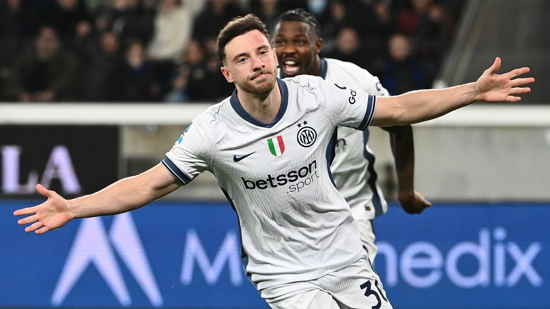 Inter Milan's Brazilian defender #30 Carlos Augusto celebrates scoring his team's first goal