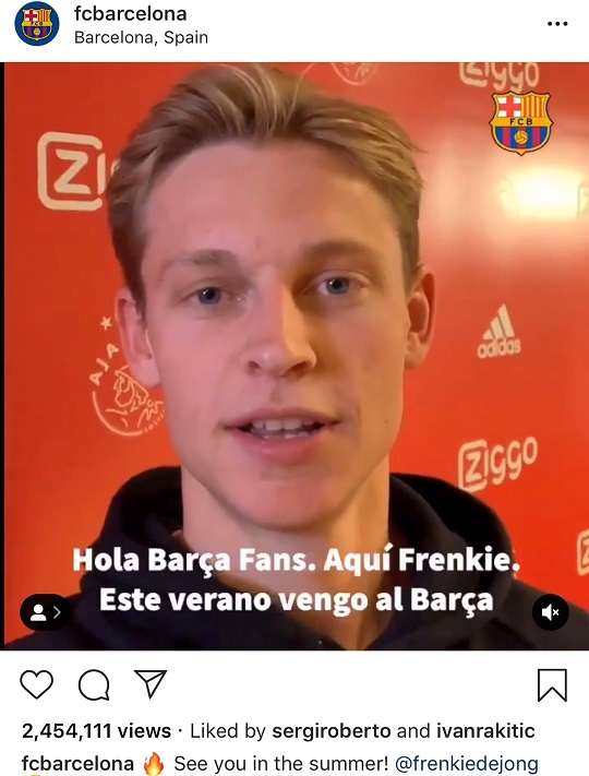 바르셀로나 이적에 합의한 아약스 미드필더 프랭키 데 용. 사진=FC바르셀로나 공식 인스타그램