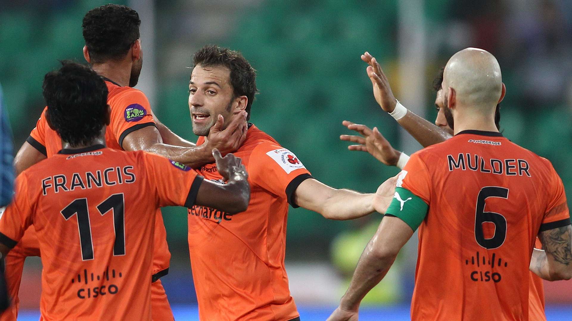 Alessandro Del Piero of Delhi Dynamos FC celebrates goal with team mates during ISL match against Chennaiyin FC