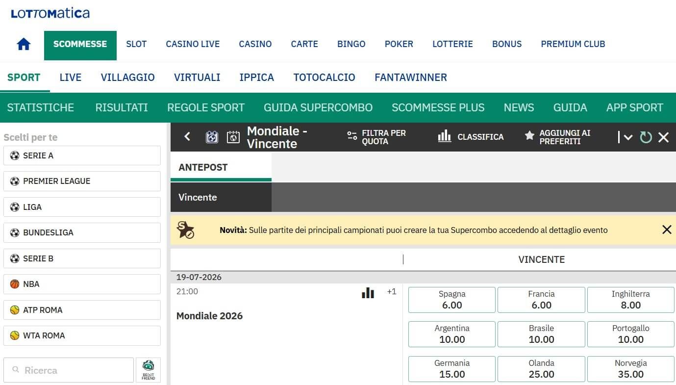  lottomatica mondiali antepost