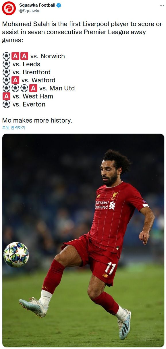 모하메드 살라 리버풀 선수 최초 PL 원정 7경기 연속 공격포인트