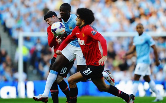 Yaya Toure,Wayne Rooney,Marouane Fellaini,Manchester City v Manchester United - Premier League