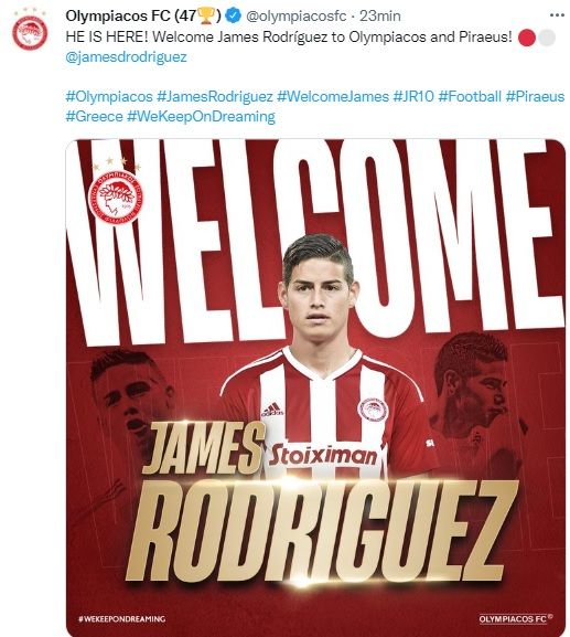 James Rodriguez Olympiakos tweet official announcement