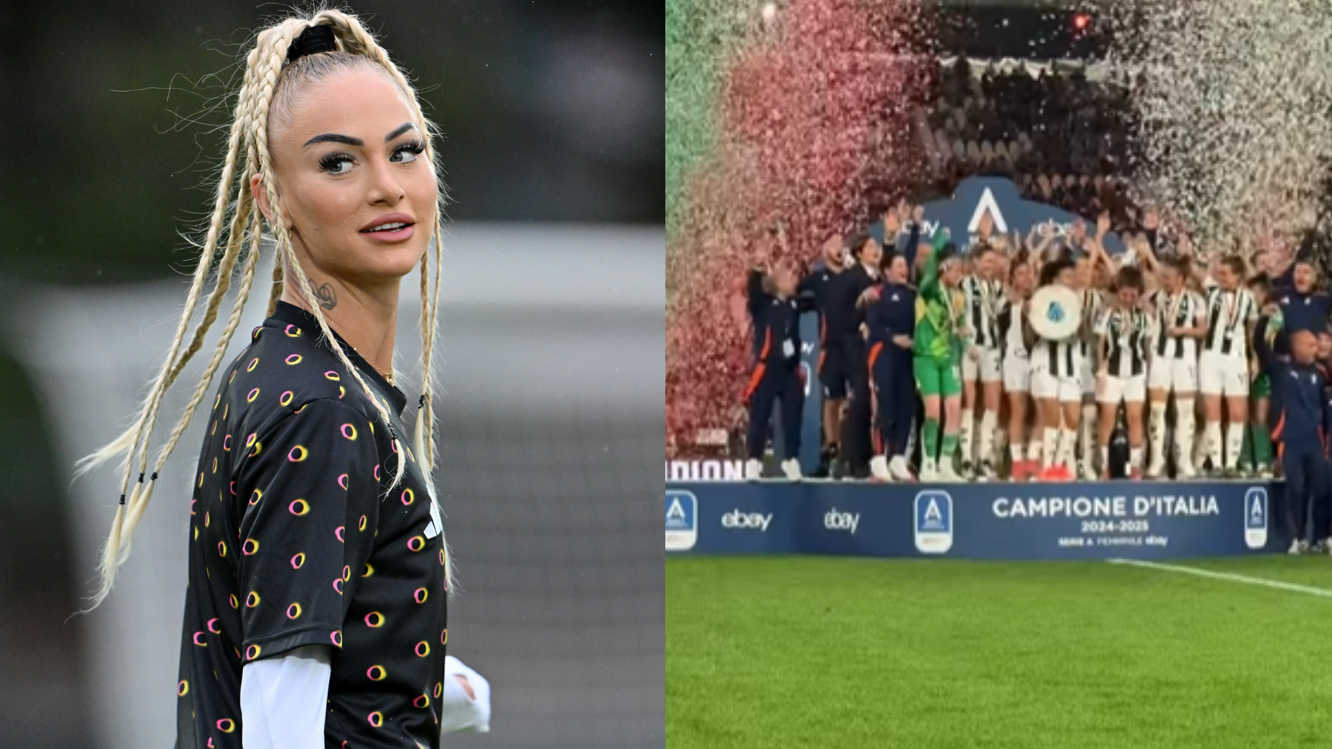 VIDEO: Trophy distraction for Alisha Lehmann after Douglas Luiz split! Swiss star showered with confetti as Juventus lift Serie A title | Goal.com UK