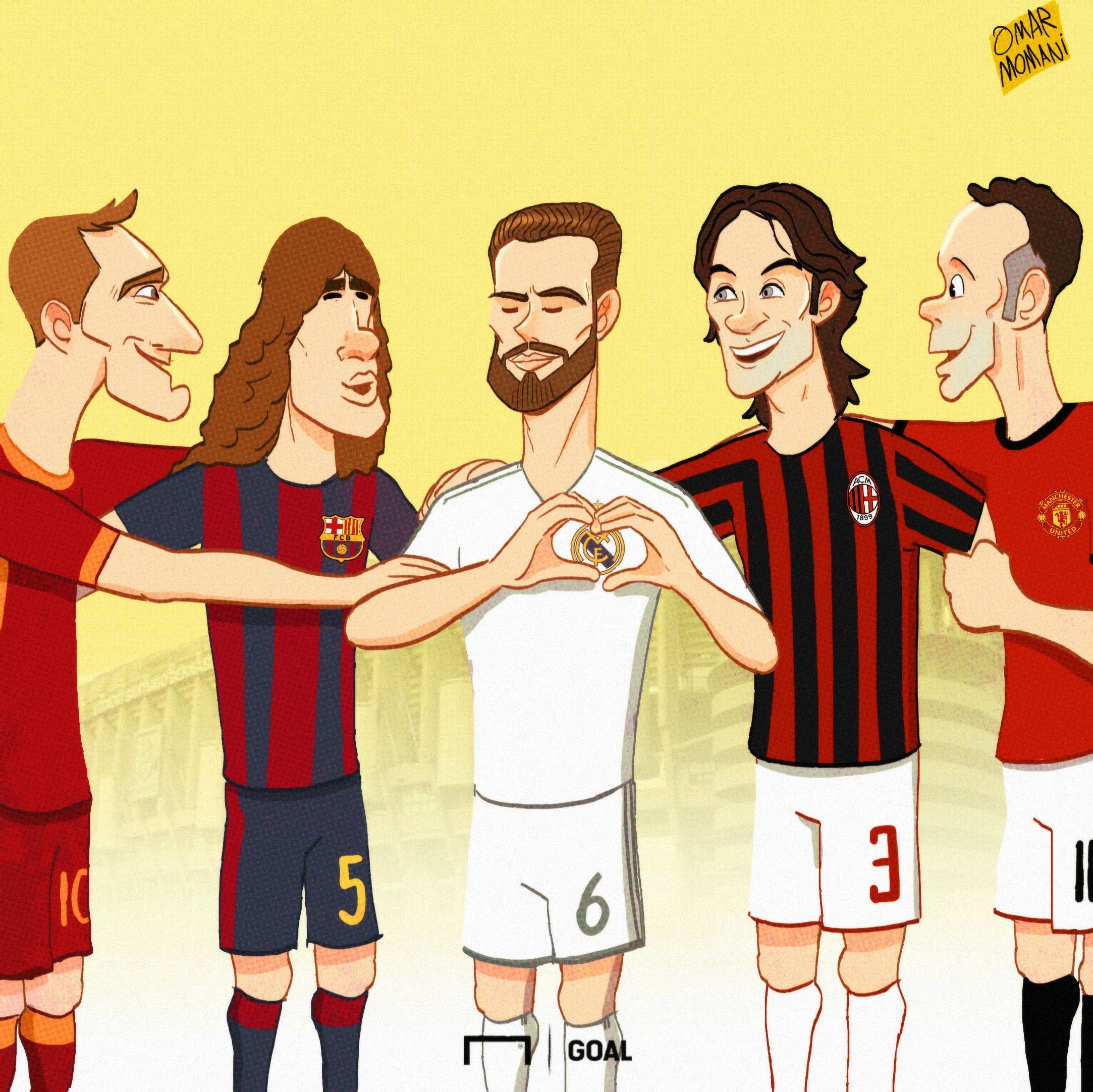 Cartoon: Nacho Fernandez joining the One Club Men Totti, Puyol, Maldini and Giggs