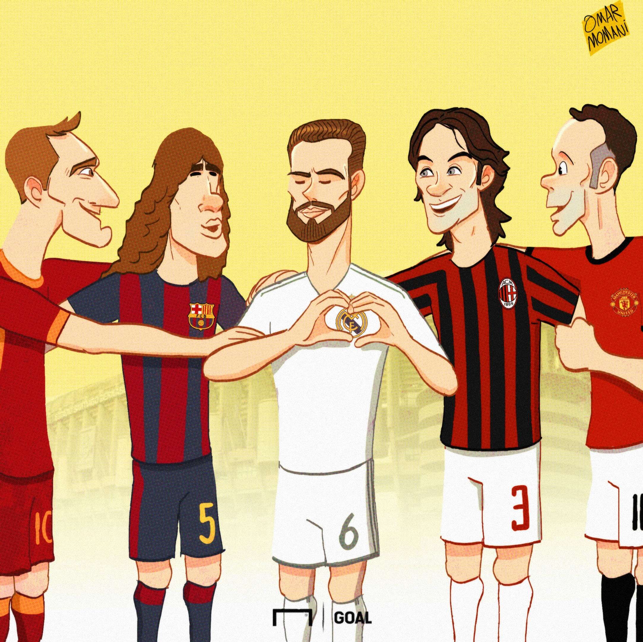Cartoon: Nacho Fernandez joining the One Club Men Totti, Puyol, Maldini and Giggs