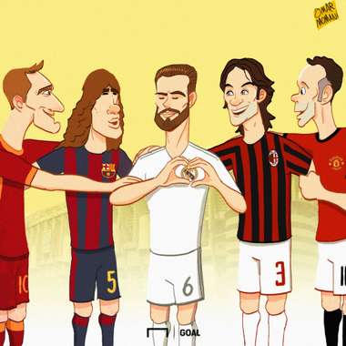 Cartoon: Nacho Fernandez joining the One Club Men Totti, Puyol, Maldini and Giggs
