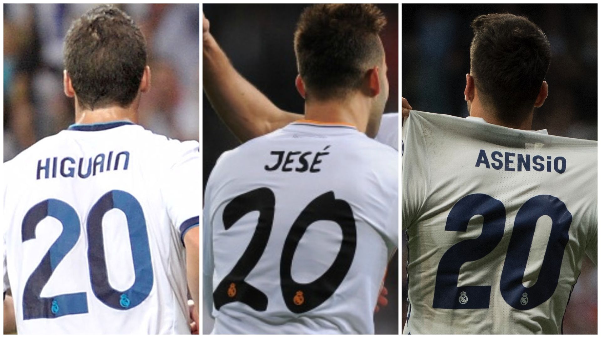GFX Info Collage with Marco Asensio, Jesé Rodriguez and Gonzalo Higuain about the curse of the Real Madrid number 20