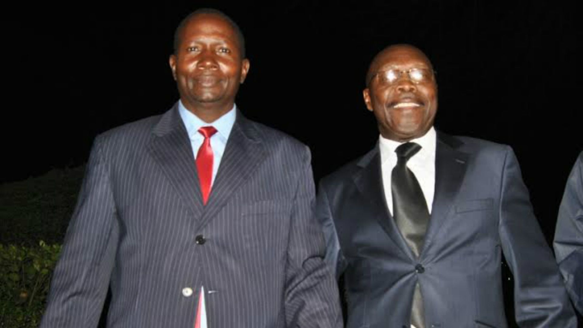 Gor Mahia chairman Ambrose Rachier and his Western Stima counterpart Laban Jobita arrive for ceremony.