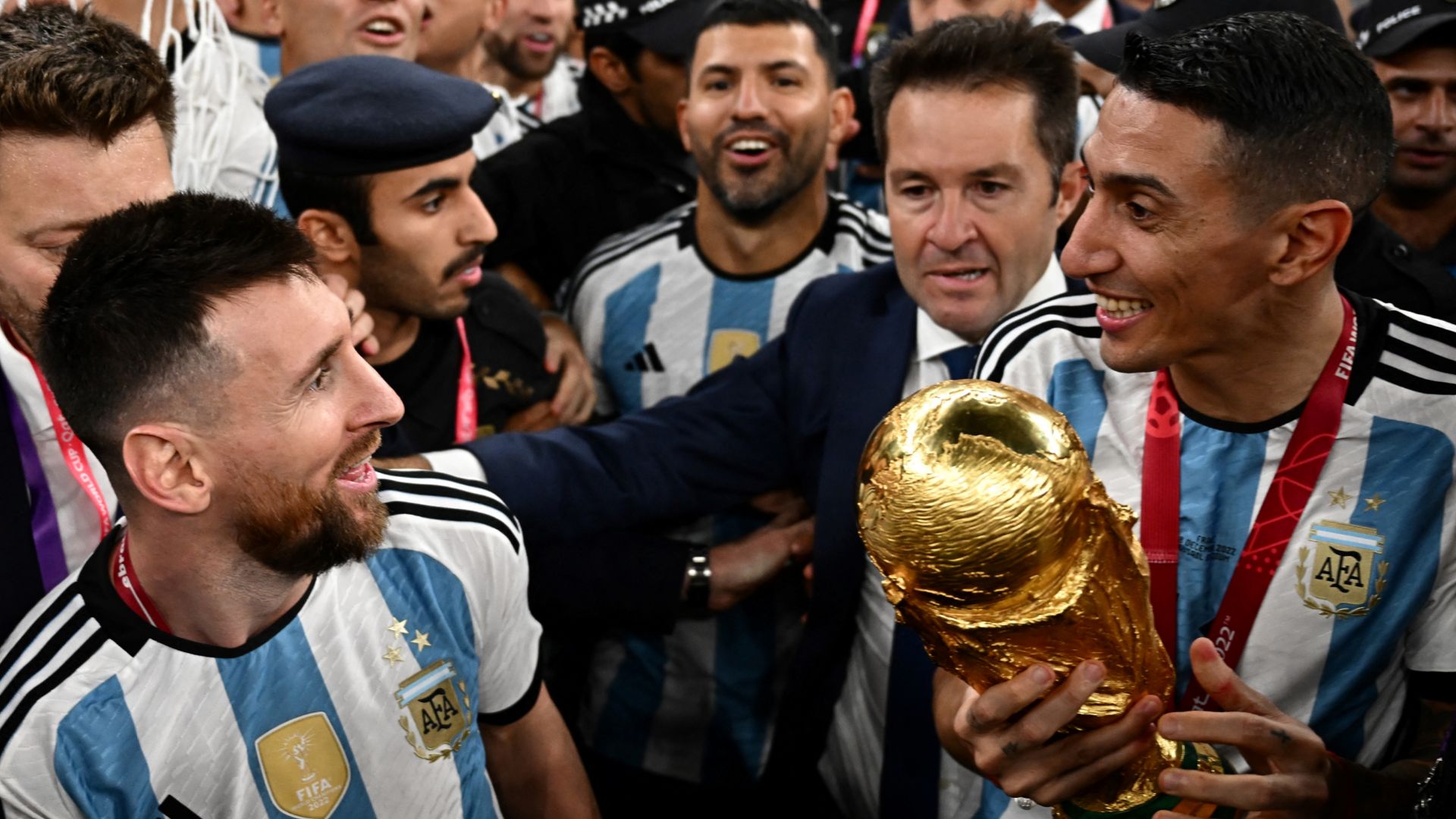 Lionel Messi Angel Di Maria World Cup trophy