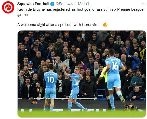 데 브라이너, PL 6경기 만에 골