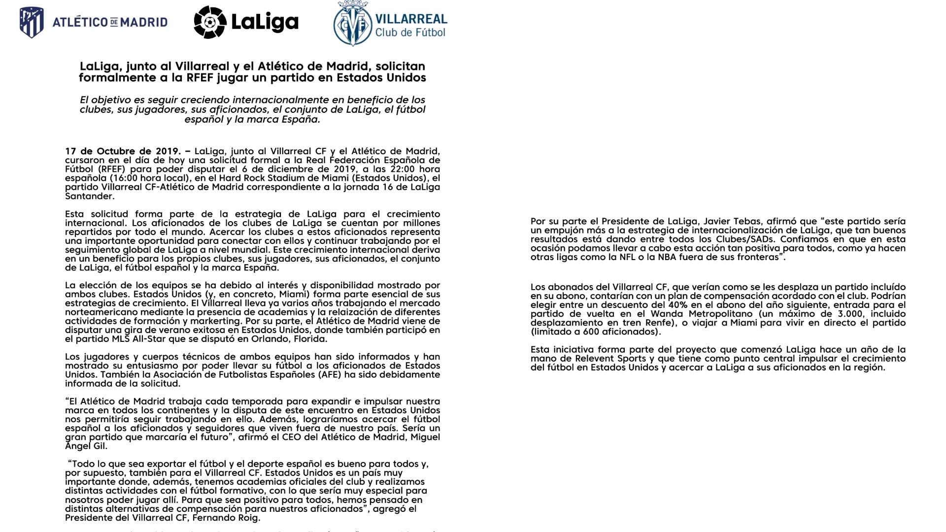 Comunicado de LaLiga sobre el Villarreal-Atlético