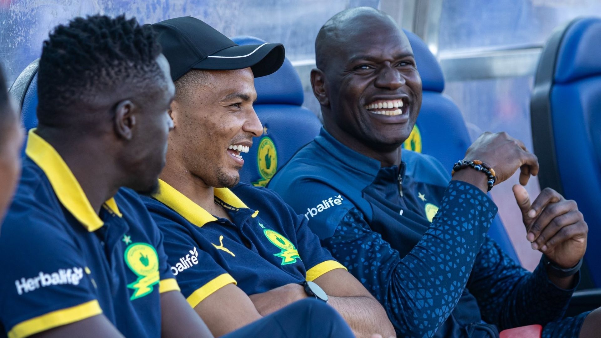 Brian Mandela, Rivaldo Coetzee & Denis Onyango of Mamelodi Sundowns. May 2024.