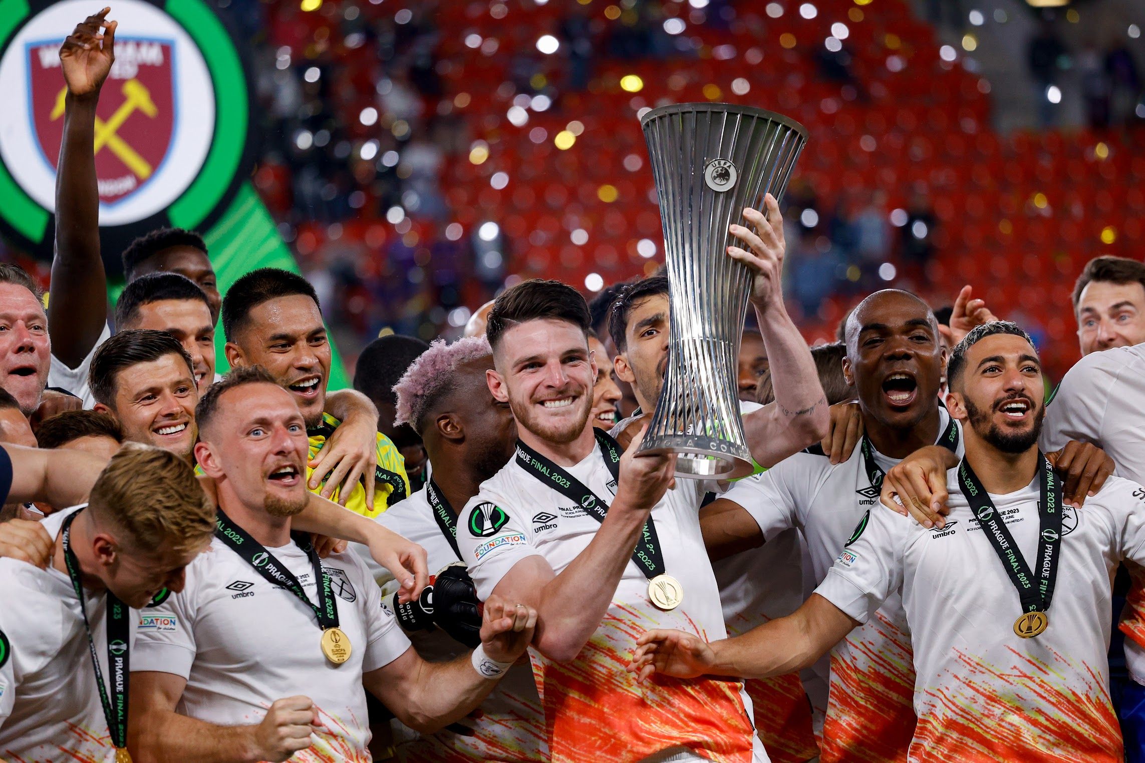 Declan Rice lifts the Conference League trophy with West Ham
