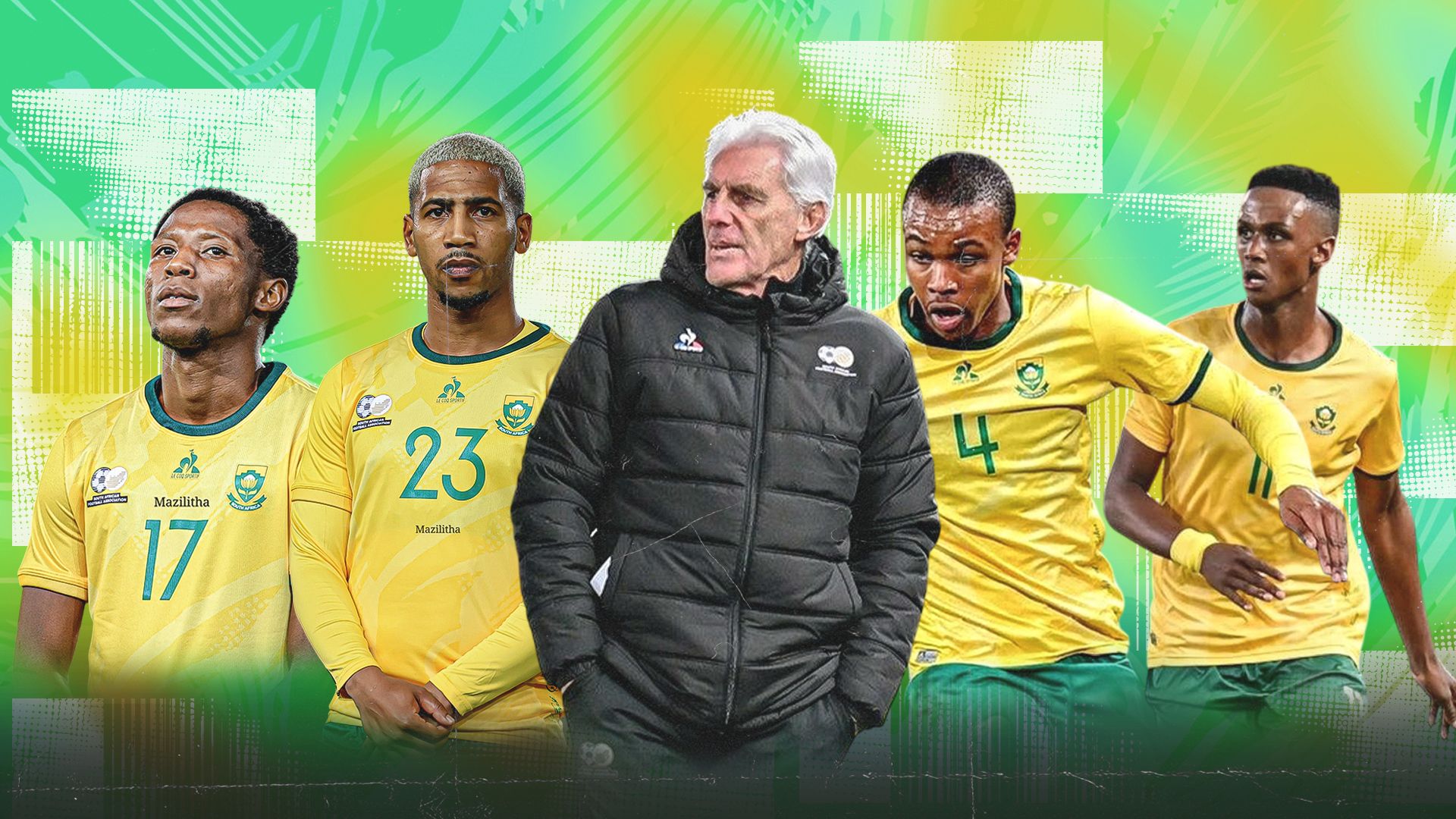 Hugo Broos, Deano van Rooyen, Khulumani Ndamane, Simphiwe Selepe & Tshepang Moremi of Bafana Bafana 16-9