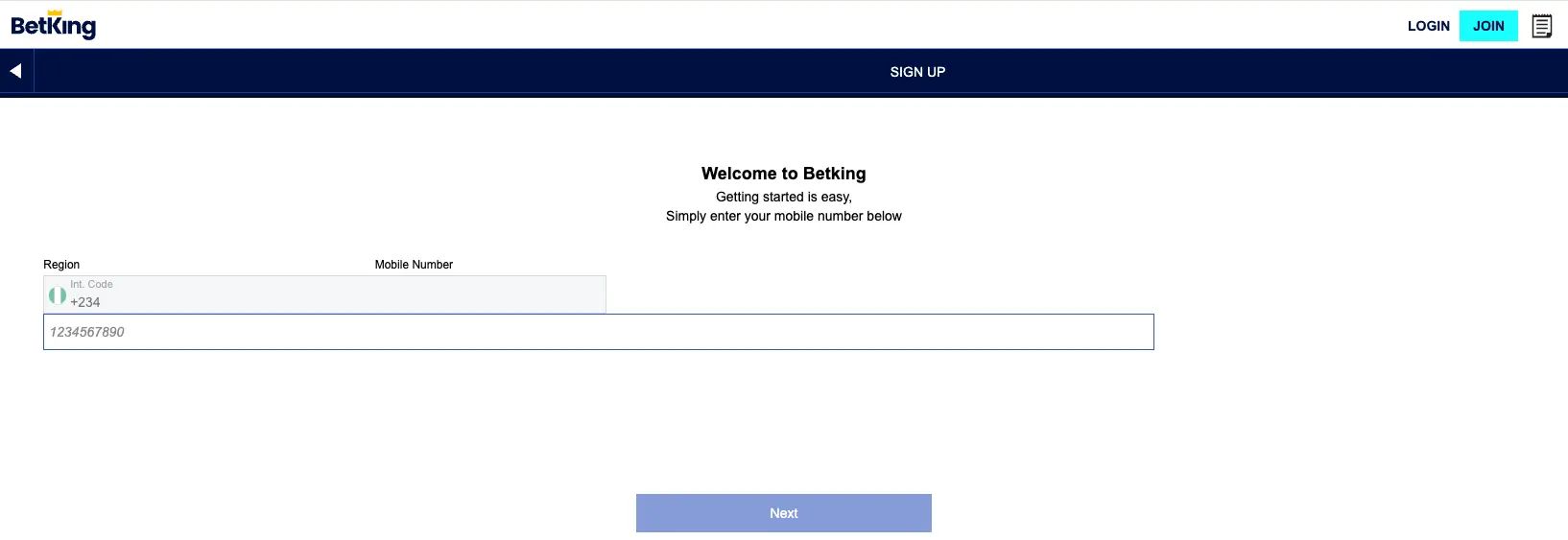 BetKing Mobile Lite Sign Up