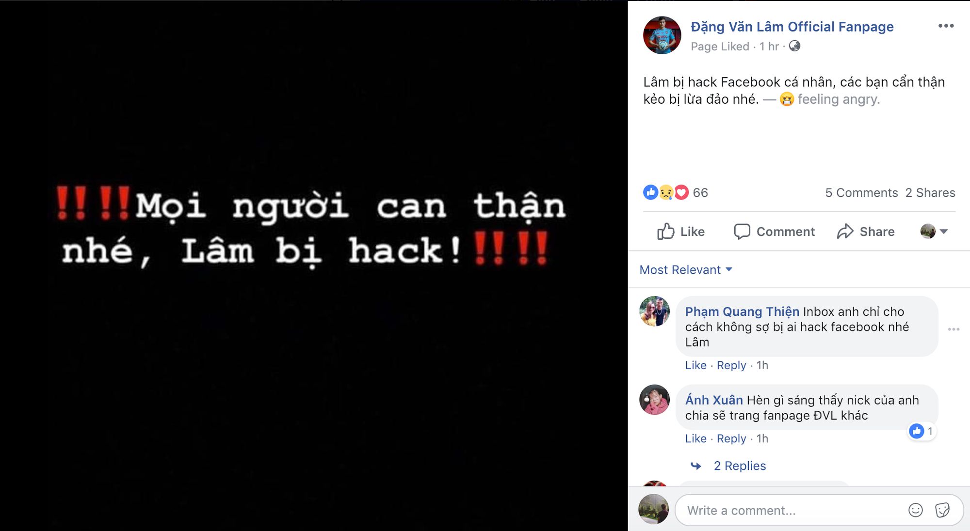 Văn Lâm bị hack Facebook