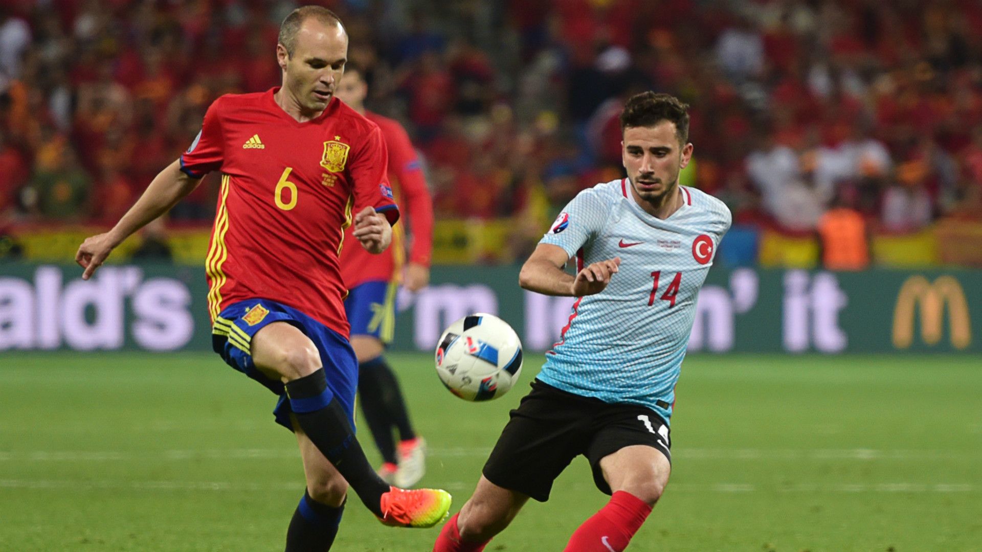 Andres Iniesta Oguzhan Ozyakup Spain Turkey Euro 2016