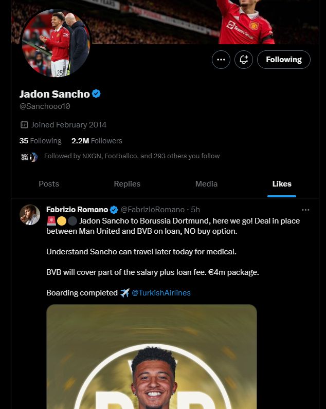 Jadon Sancho Twitter like