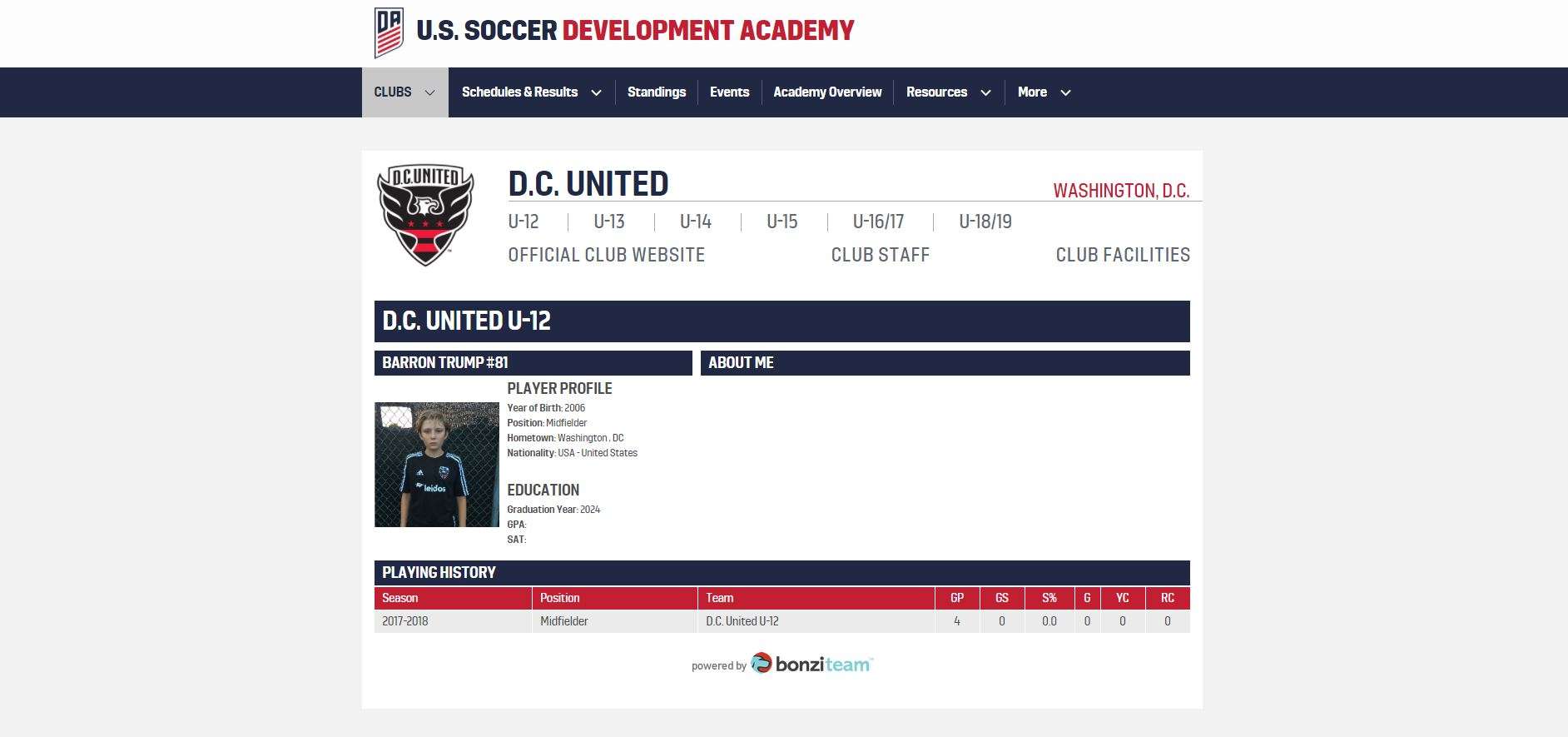 Barron Trump, DC United profile screenshot - EMBED ONLY