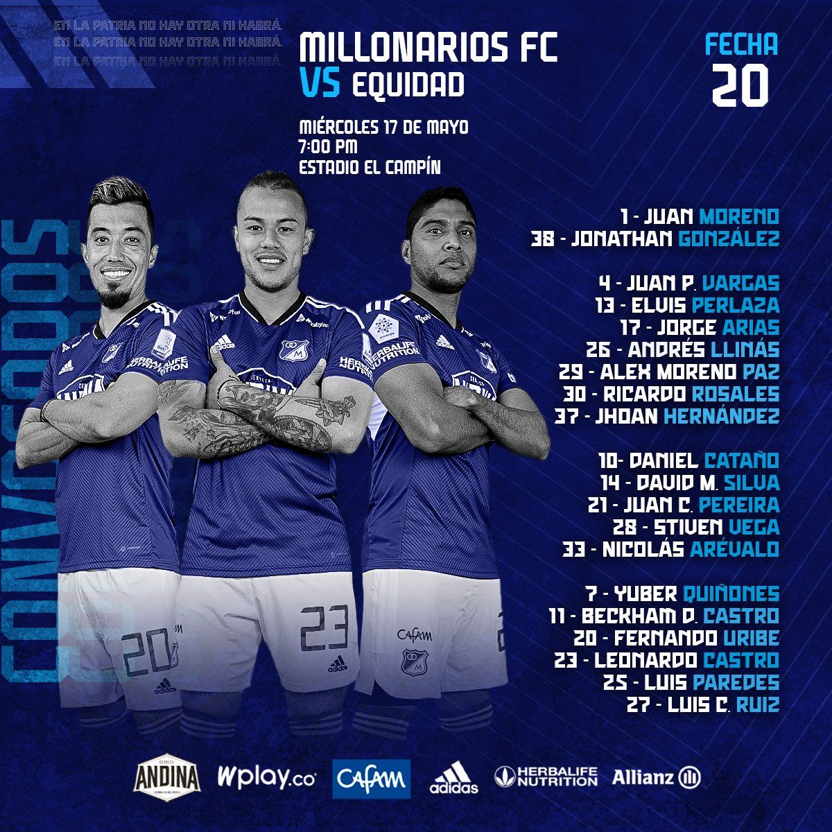 Convocados Millonarios Fecha 20 Liga BetPlay 2023