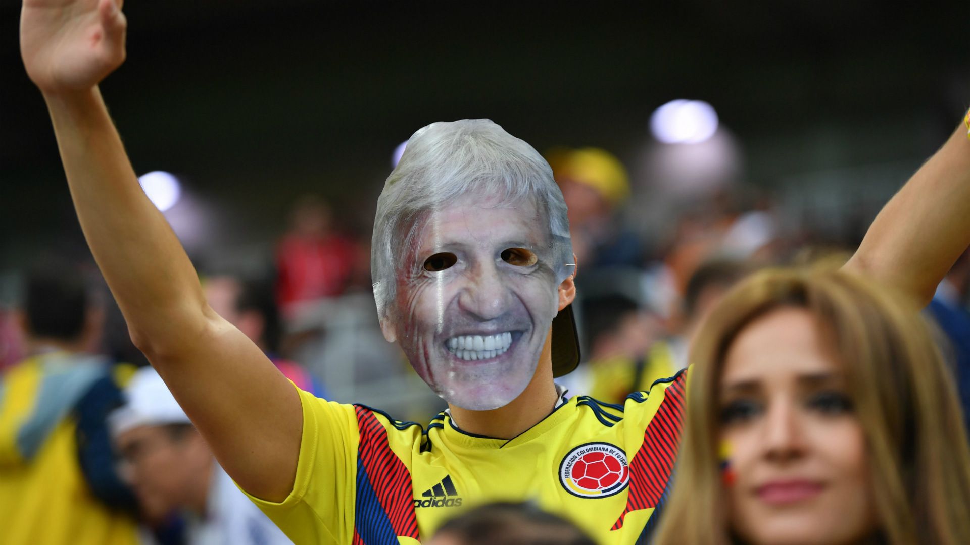 Colombian fan mask Jose Pekerman Colombia England WC Russia 03072018