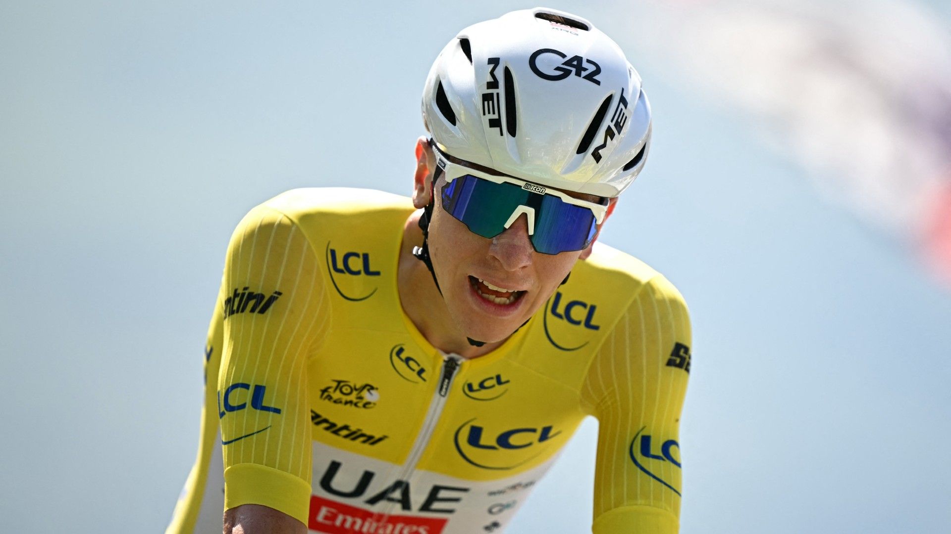 UAE Team Emirate - XRG team's Slovenian rider Tadej Pogacar wearing the overall leader's yellow jersey 