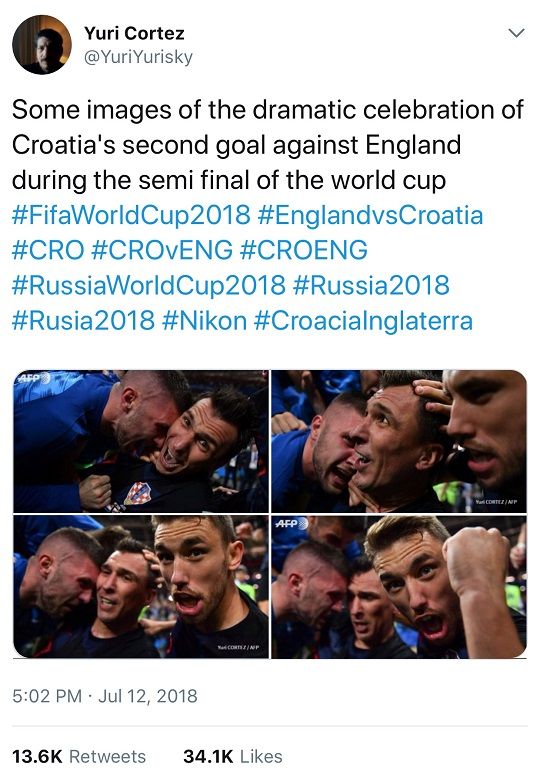 AFP통신 사진기자 유리 코르테스가 찍은 2018 러시아 월드컵 준결승전에서 터진 만주키치의 결승골 이후 세리머니 모습. 사진=유리 코르테스 트위터 캡처