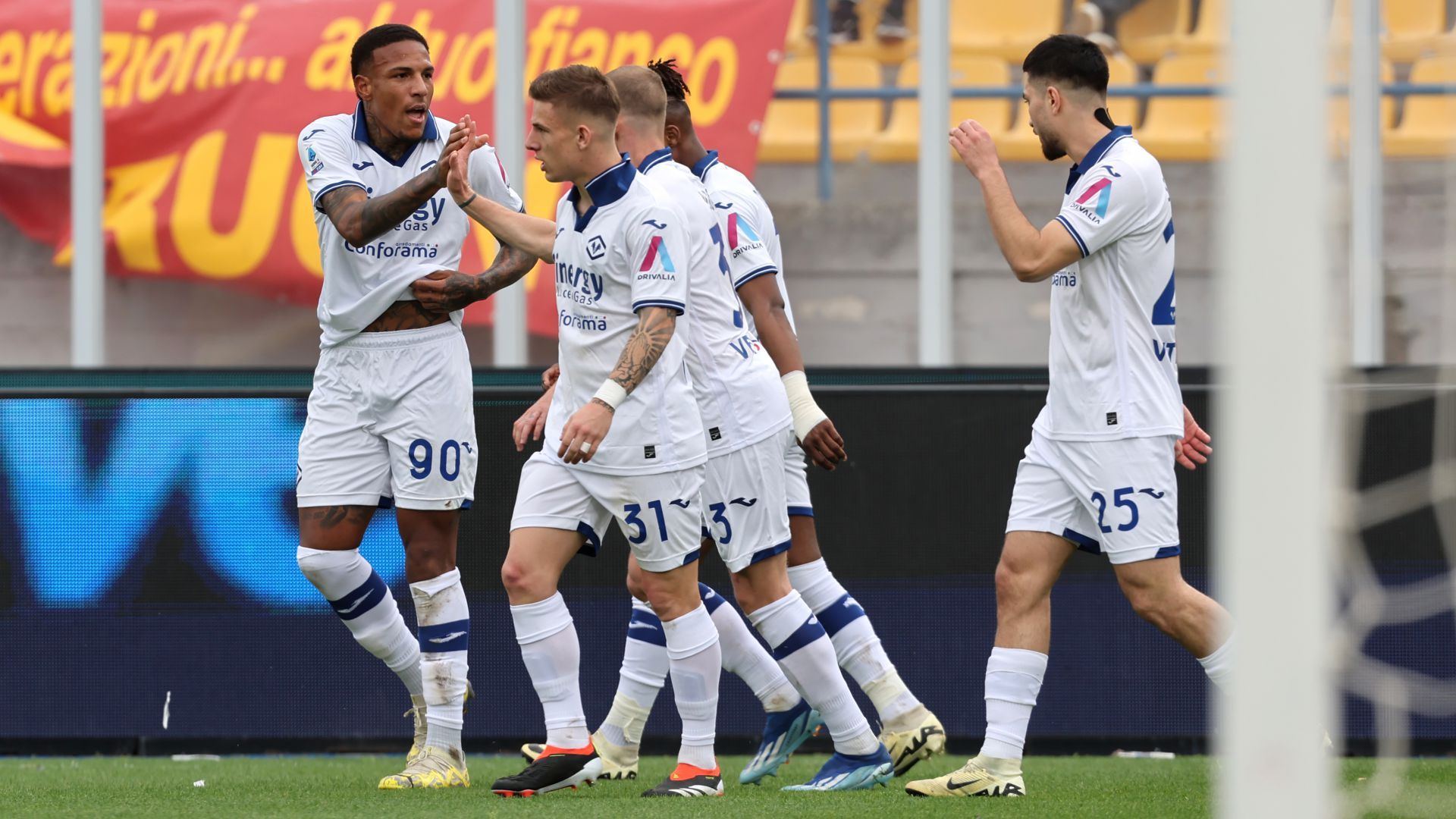 Verona players celebrating Lecce Verona Serie A