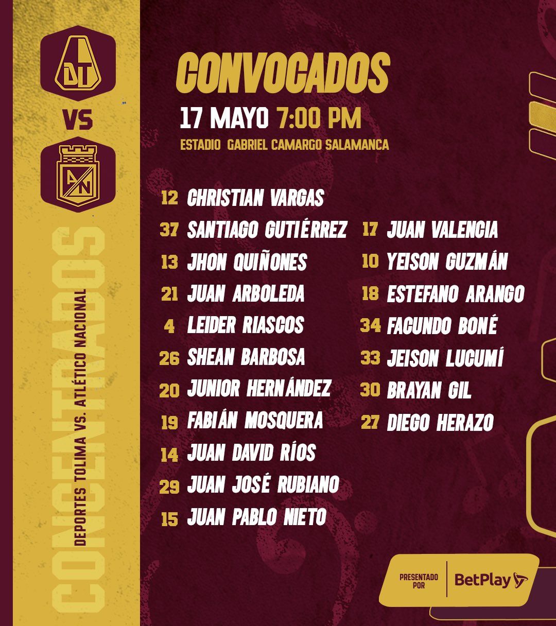 Convocados Tolima Fecha 20 Liga BetPlay 2023