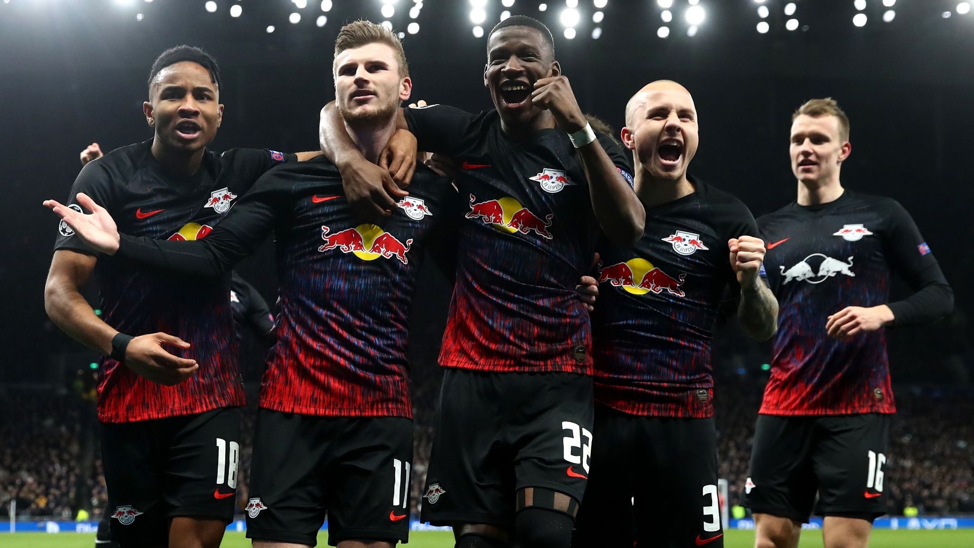 RB Leipzig celebrate Timo Werner goal at Tottenham, Champions League 2019-20