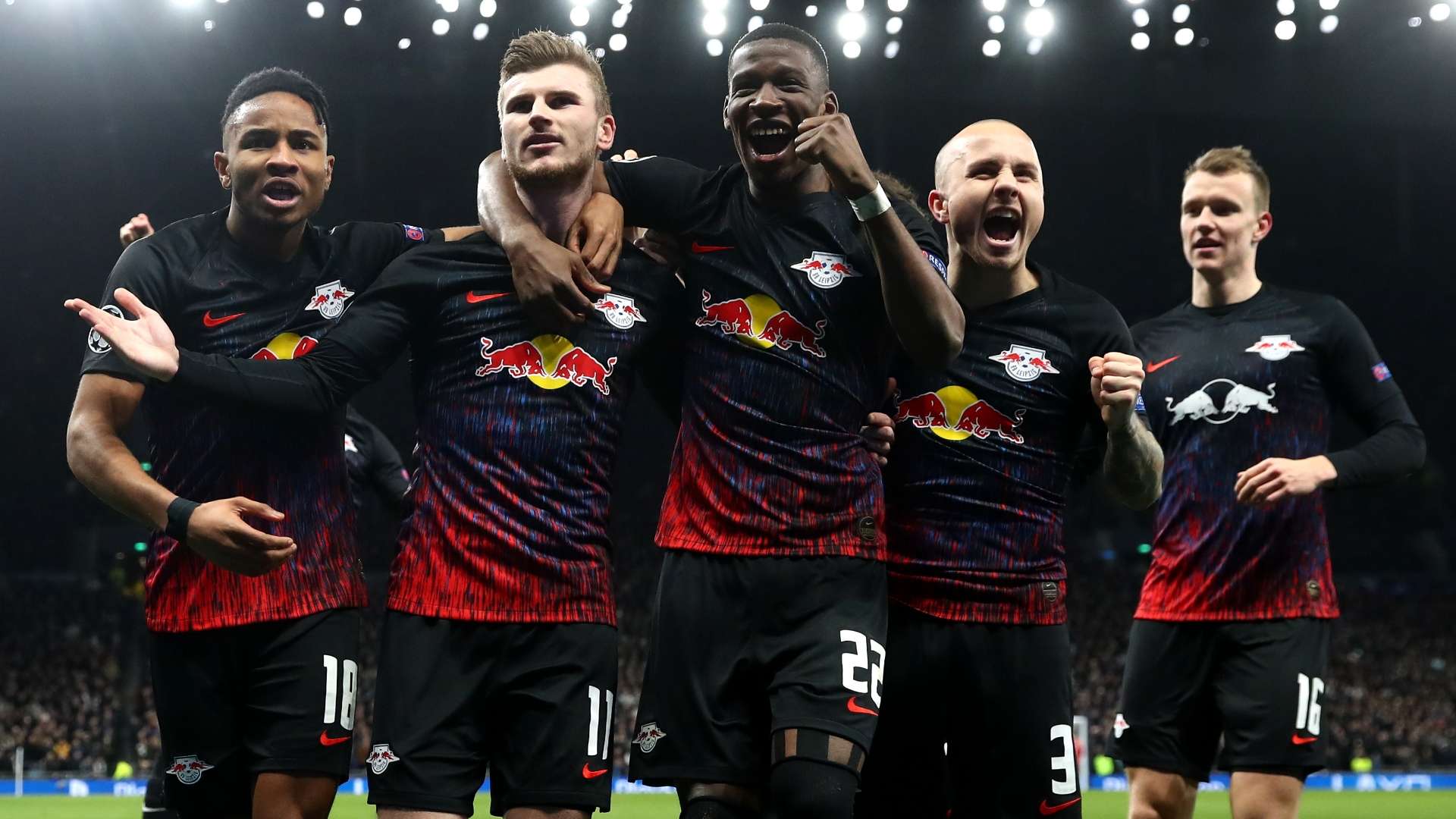 RB Leipzig celebrate Timo Werner goal at Tottenham, Champions League 2019-20