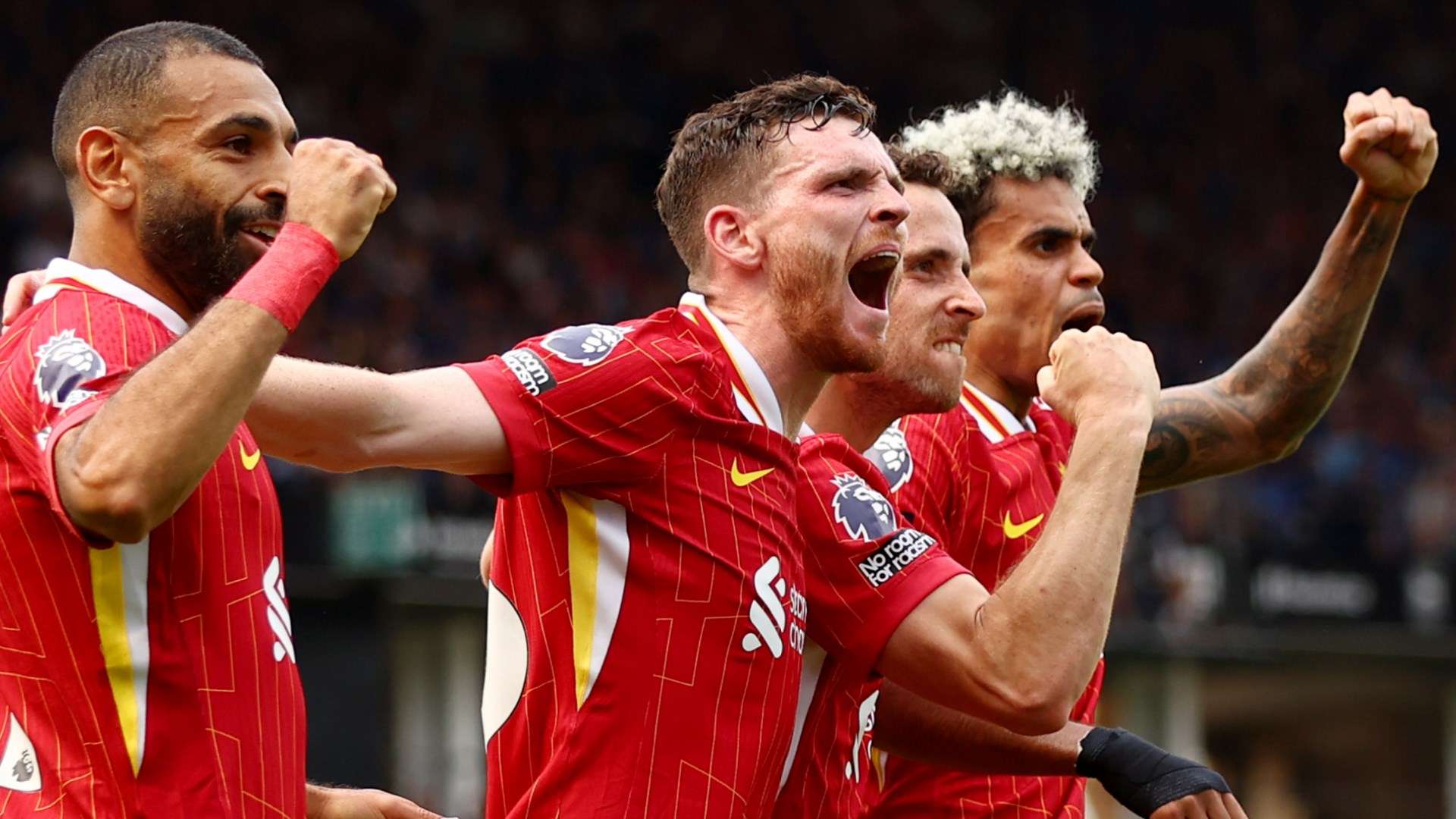 Liverpool celebrating Diogo Jota goal against Ipswich 2024-25