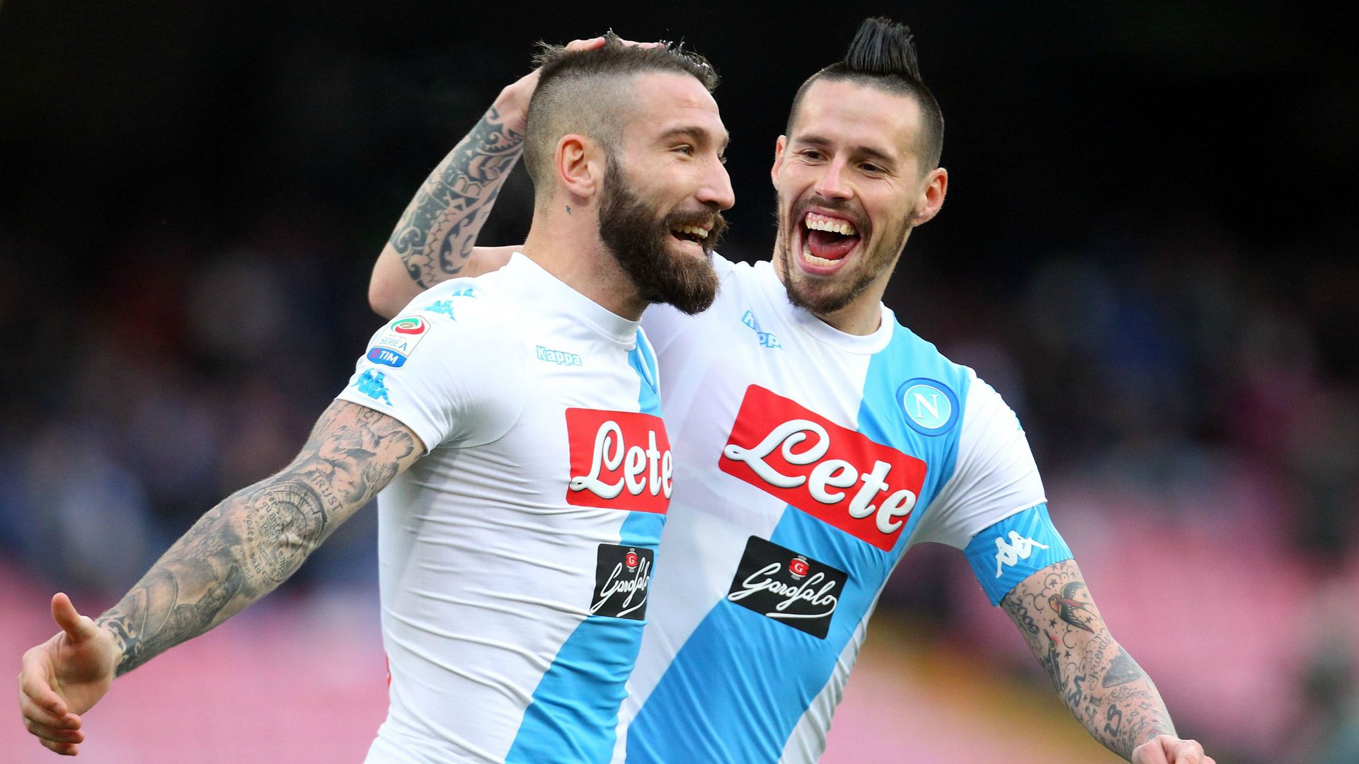 Lorenzo Tonelli and Marek Hamsik celebrating Napoli Pescara Serie A 15012017