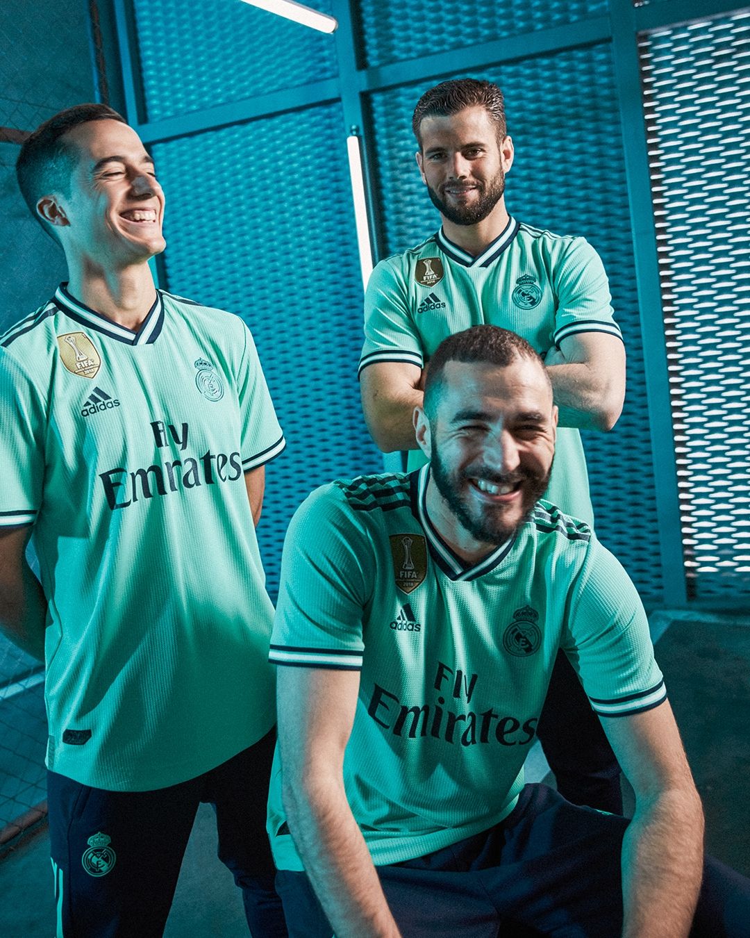 BODY ONLY - Lucas Vazquez, Nacho Fernandez and Karim Benzema wearing the new Real Madrid third kit for the 2019-20 season