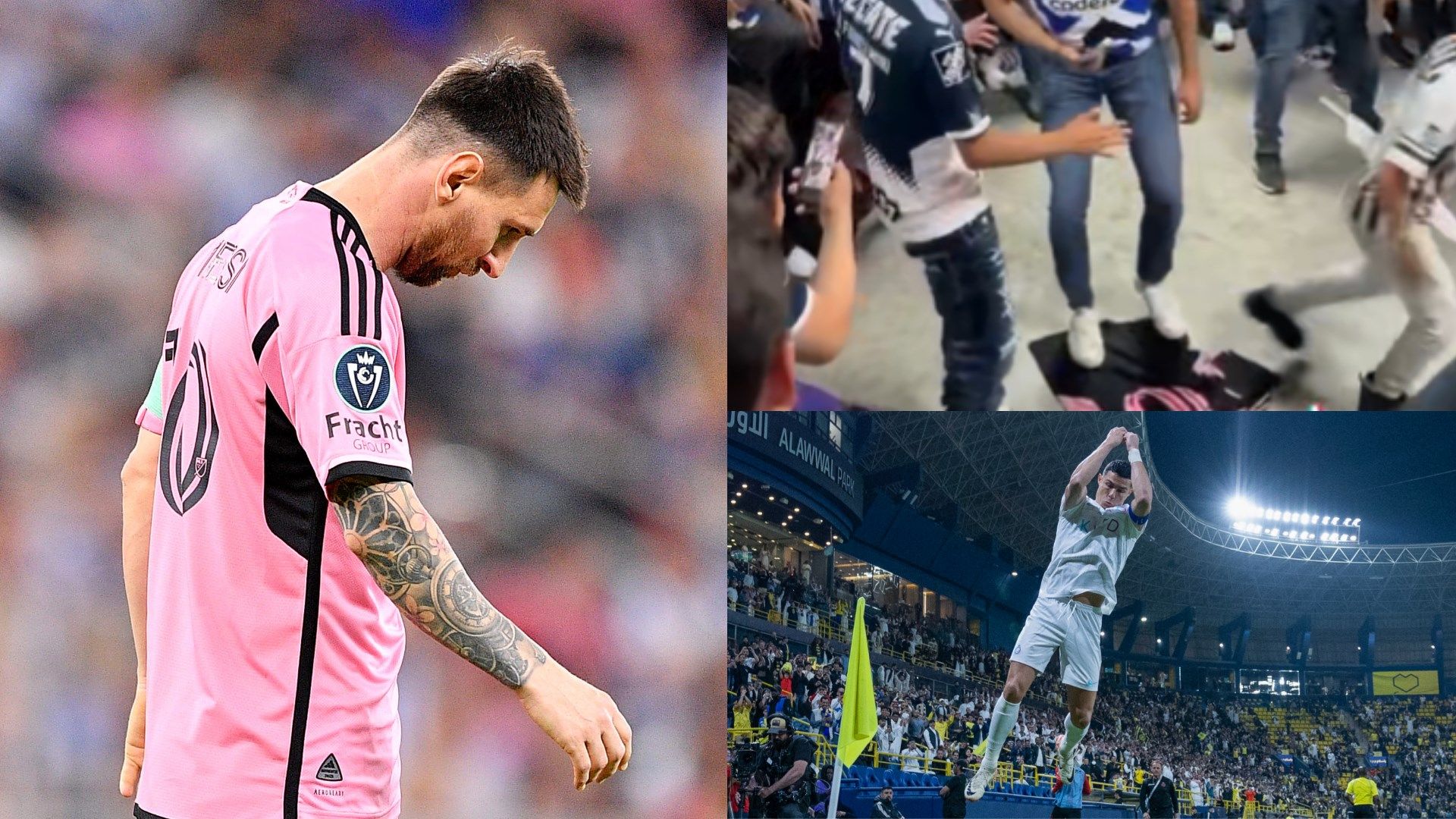 Inter Miami's Lionel Messi, Monterrey fans, and Al-Nassr's Cristiano Ronaldo