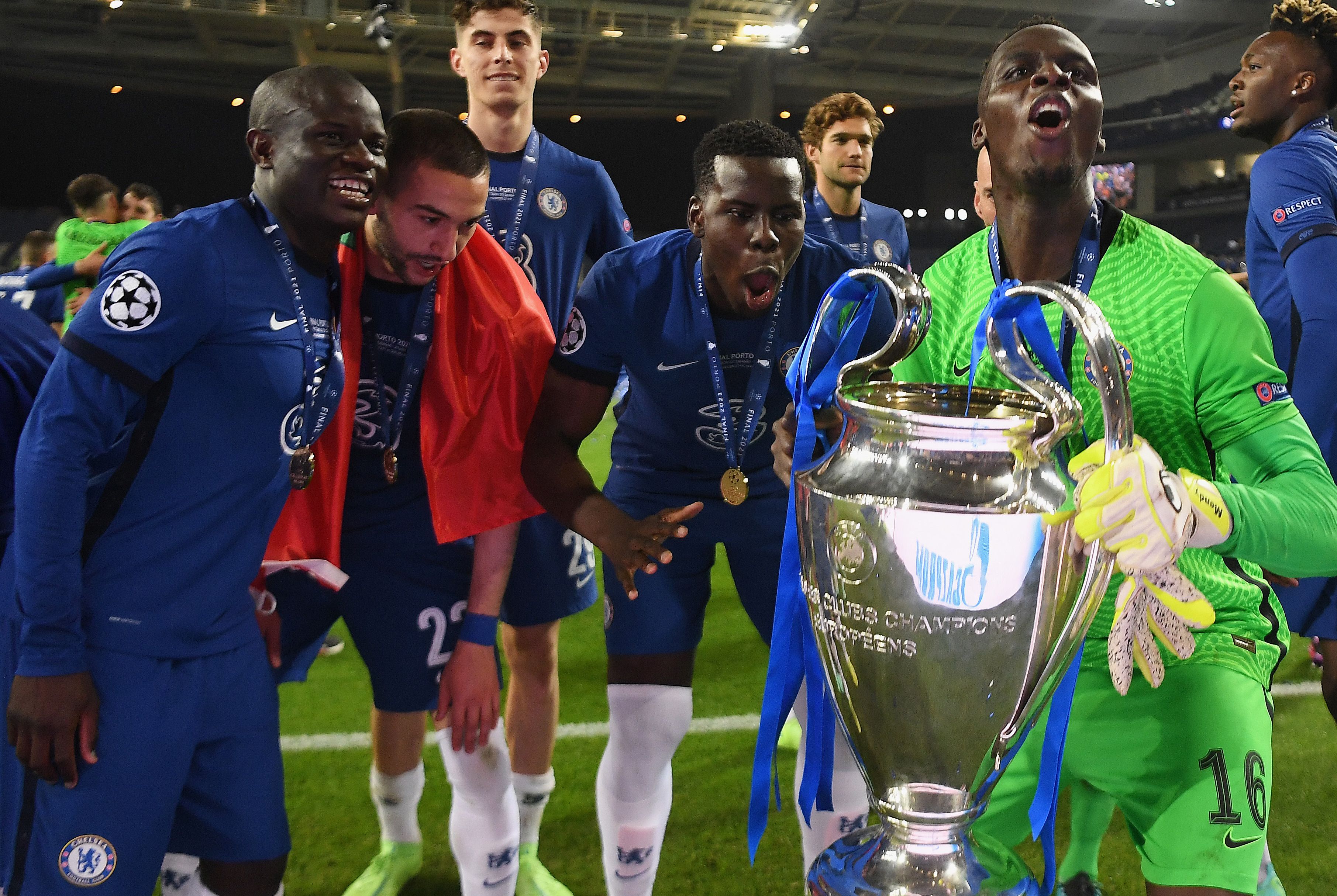 Kante Mendy Chelsea Champions League trophy