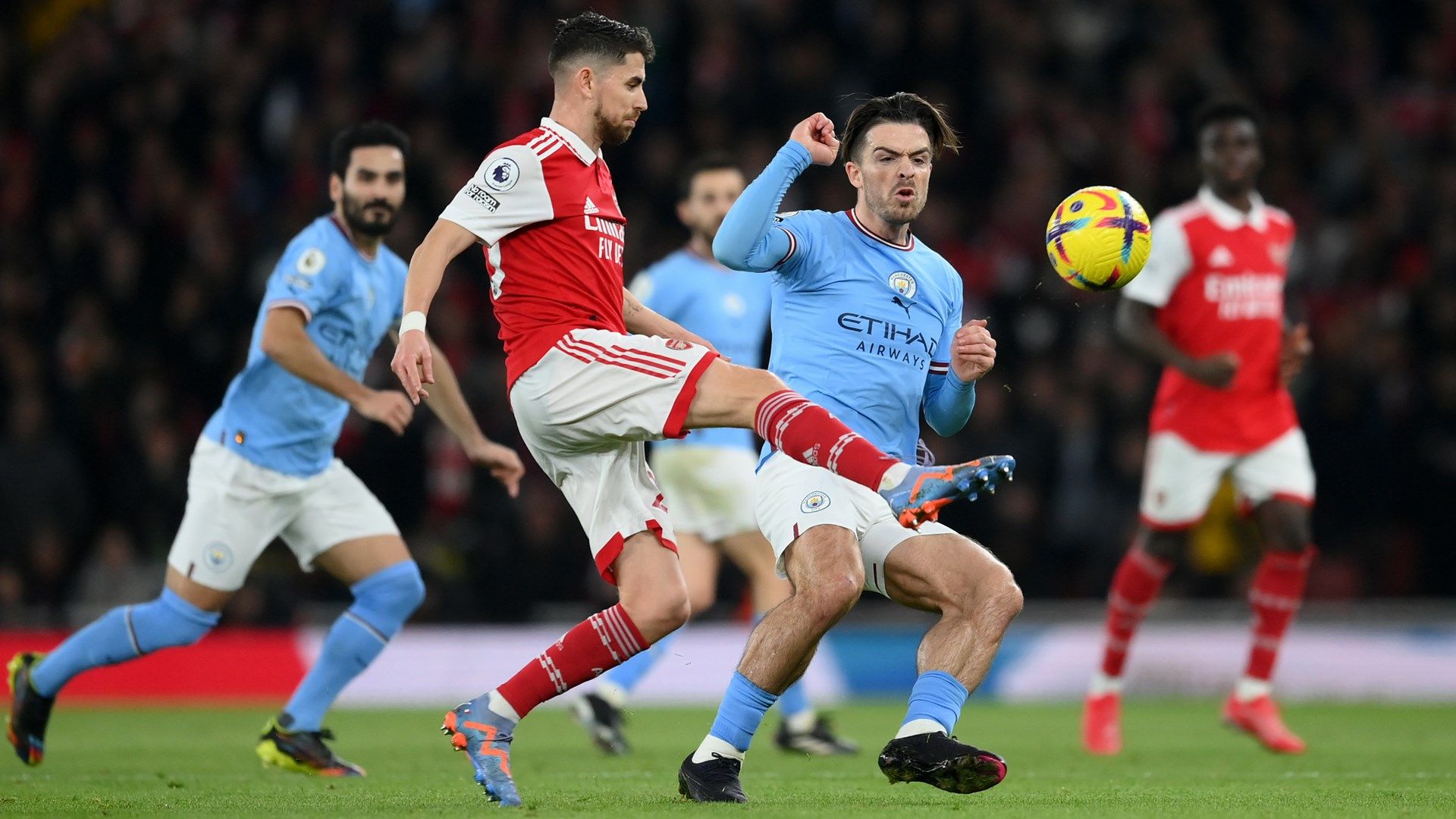 Jorginho battles with Jack Grealish for possession in Arsenal's Premier League clash with Manchester City