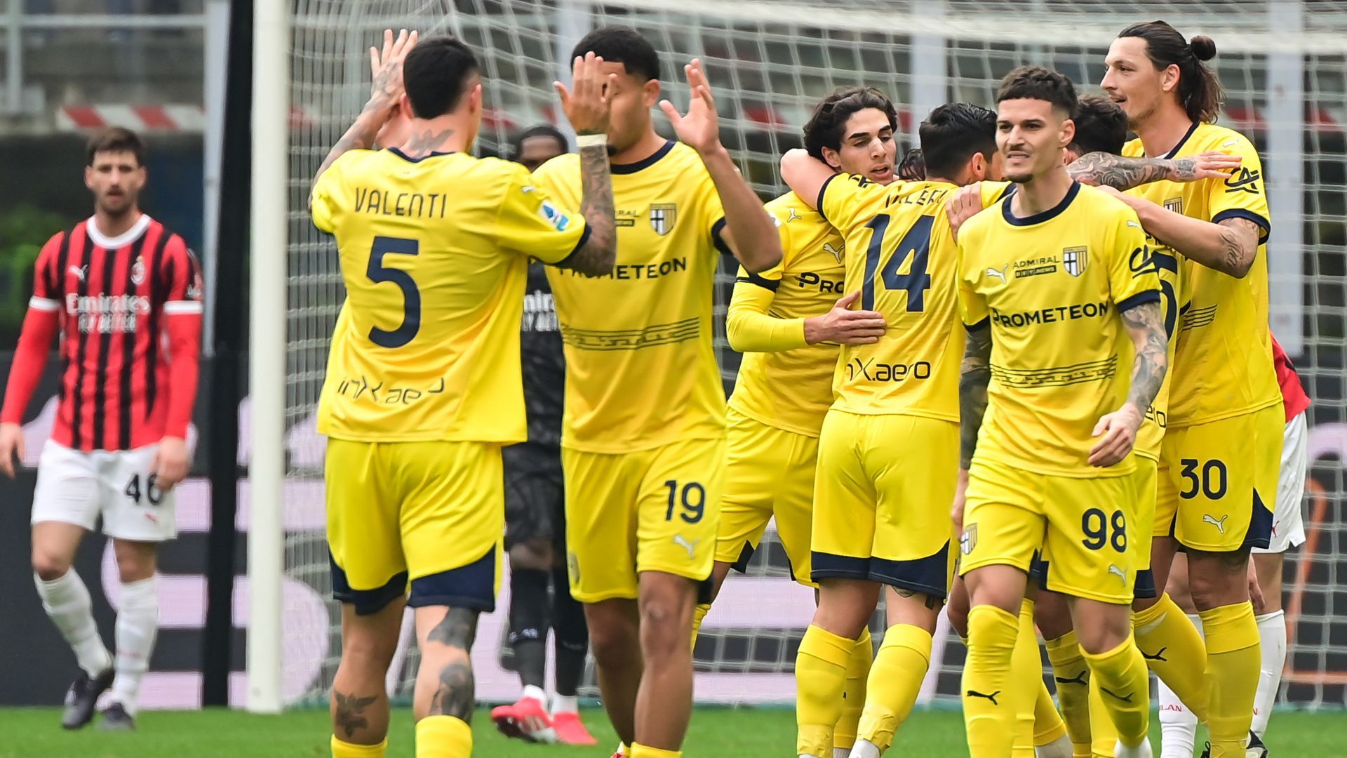 Parma players celebrating Parma Milan Serie A