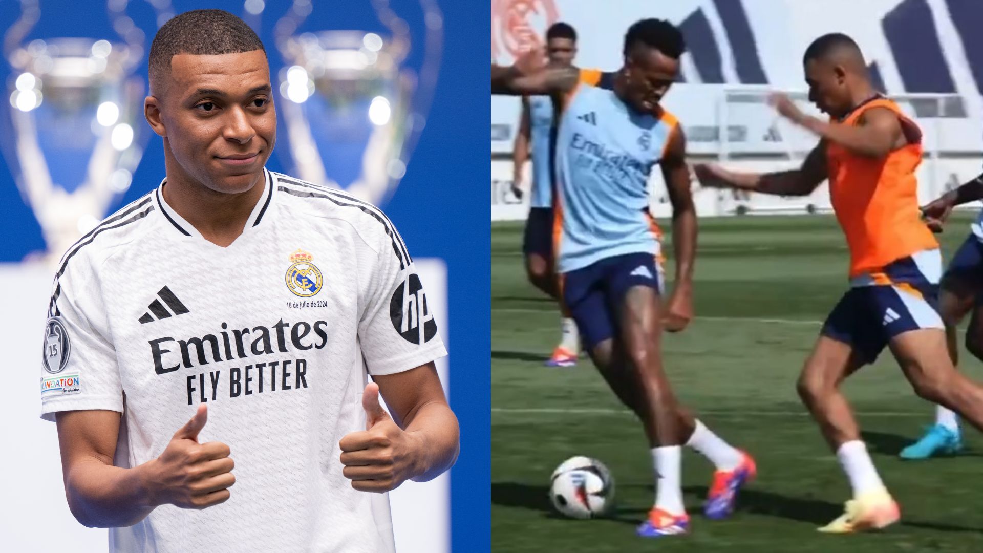 Kylian Mbappe Eder Militao Real Madrid training 2024