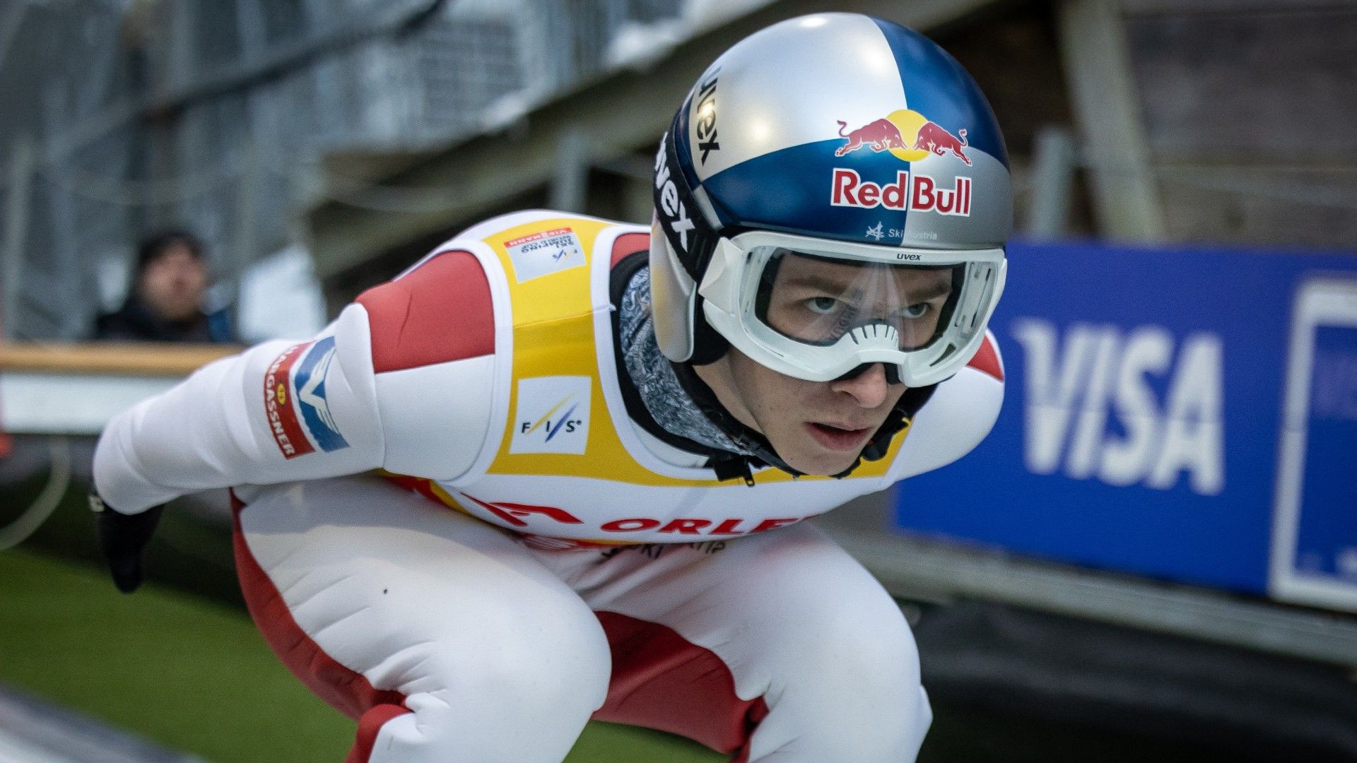 Daniel Tschofenig of Austria goes down the ramp 