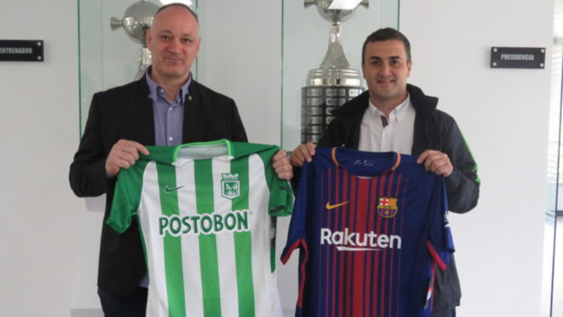 Carles Folguera director de La Masía y Juan David Pérez presidente de Atlético Nacional