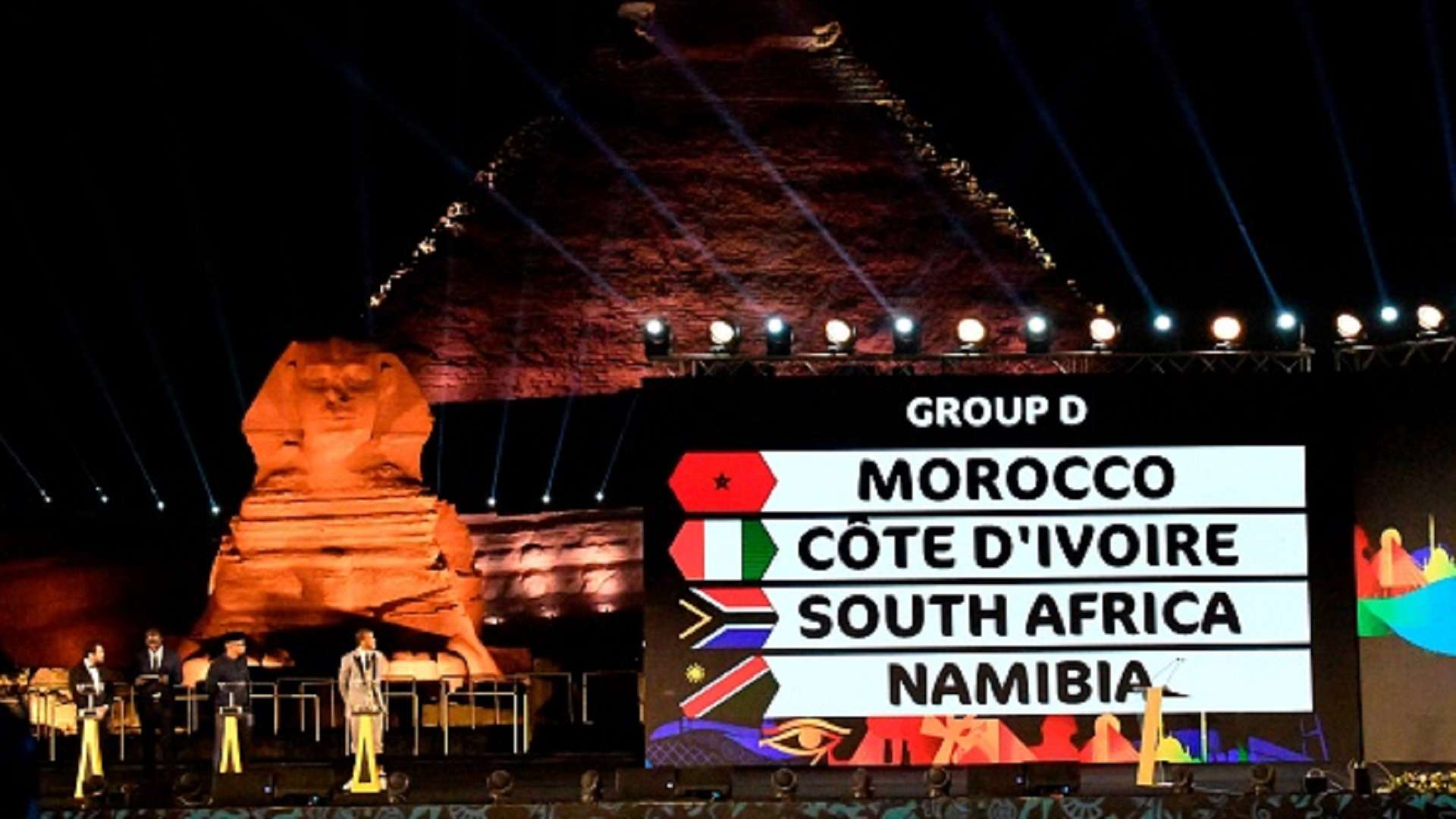 prior to the 2019 CAF African Cup of Nations (CAN) draw shows a view of the draw venue with the Pyramid of Khafre 12 April2019
