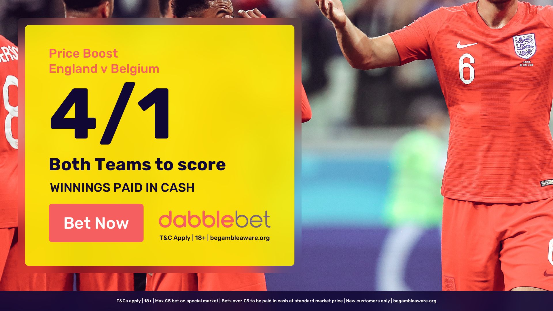 dabblebet new customer offer BTTS 4/1 England v Belgium