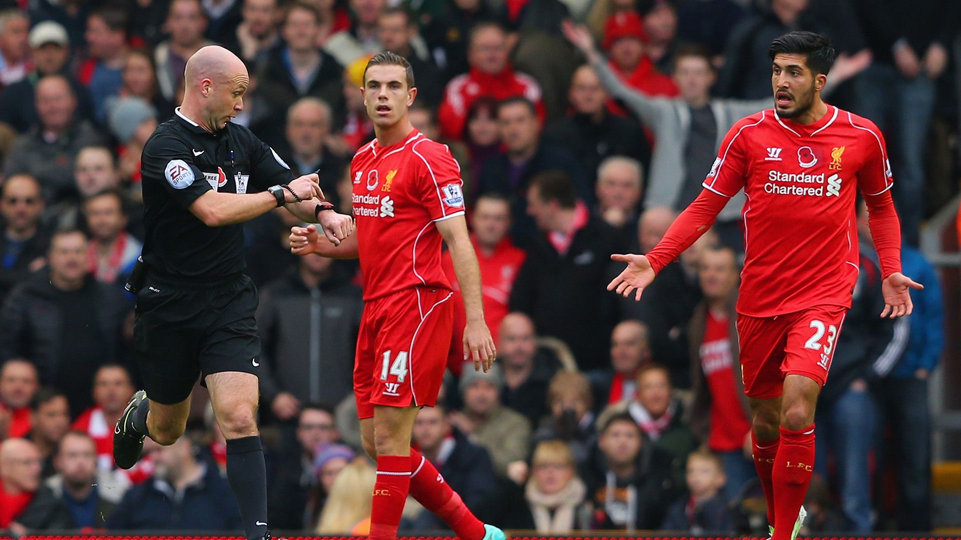 Referee Anthony Taylor, Jordan Henderson, Emre Can | Liverpool 1-2 Chelsea | Premier League | 08112014