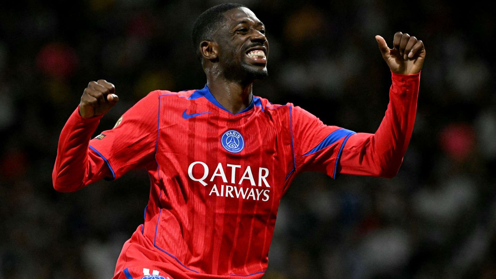 Paris Saint-Germain's French forward #10 Ousmane Dembele celebrates scoring