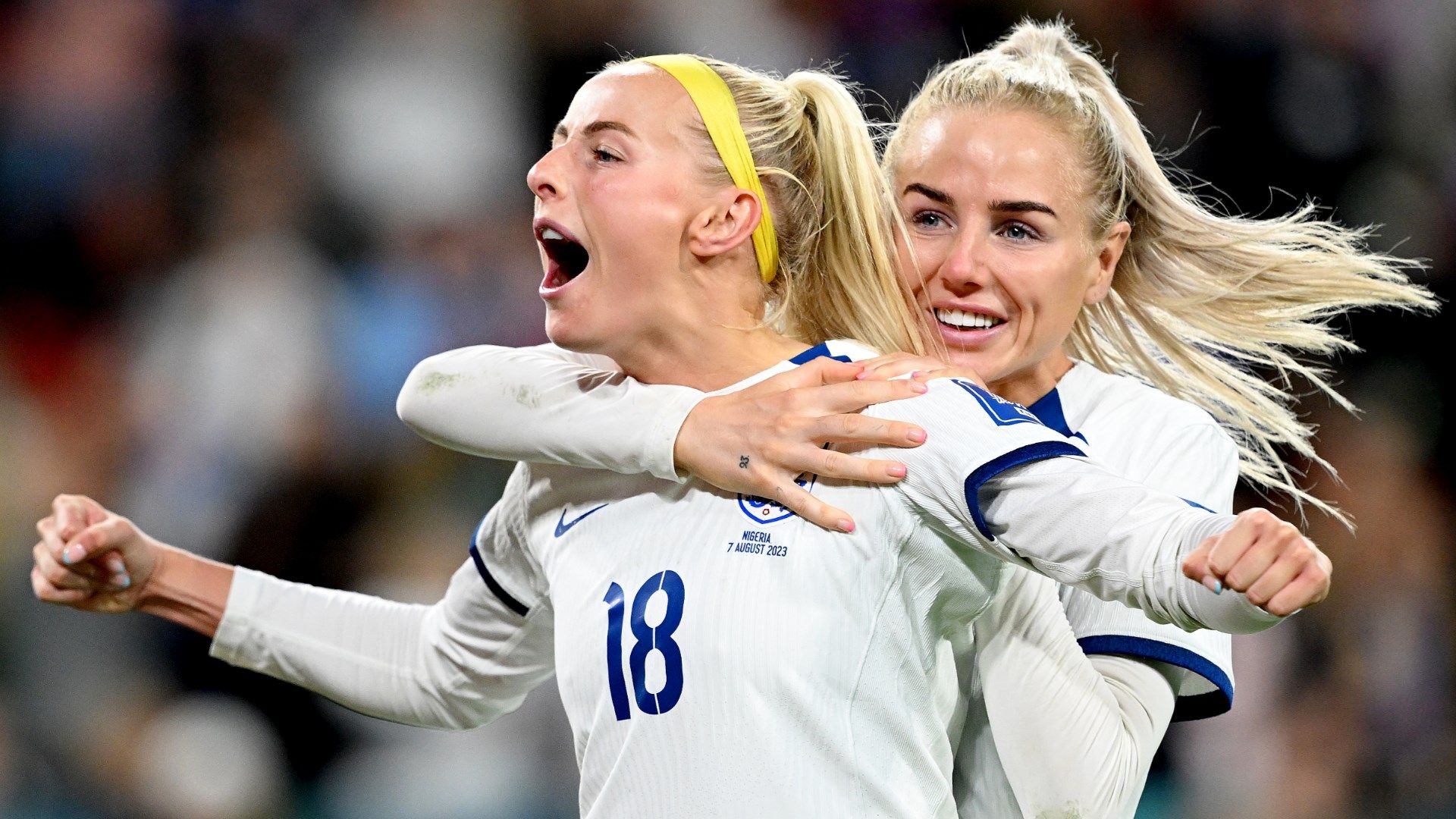 England duo Chloe Kelly and Alex Greenwood celebrate during the Women's World Cup